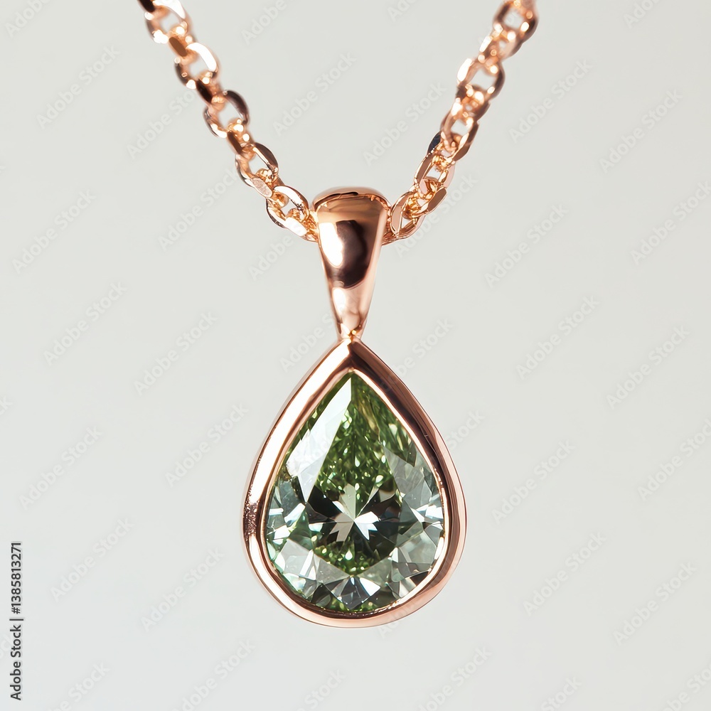 Fototapeta premium Elegant Pear-Shaped Green Gemstone Pendant on Rose Gold Chain