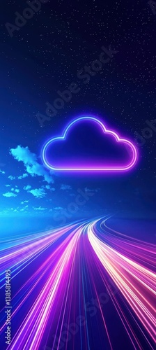 A vibrant digital landscape featuring a glowing cloud icon above colorful light trails, set against a starry night sky.
