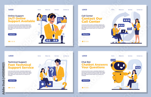 Set of Landing page template Customer support with chatbot chat bot, call center, and technical help service in modern flat illustration