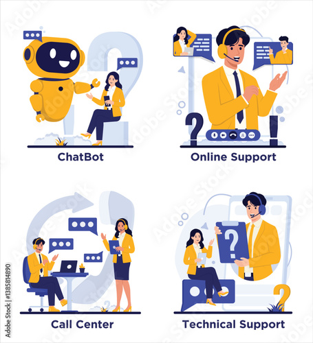 Set of Customer support with chatbot chat bot, call center, and technical help service in modern flat illustration