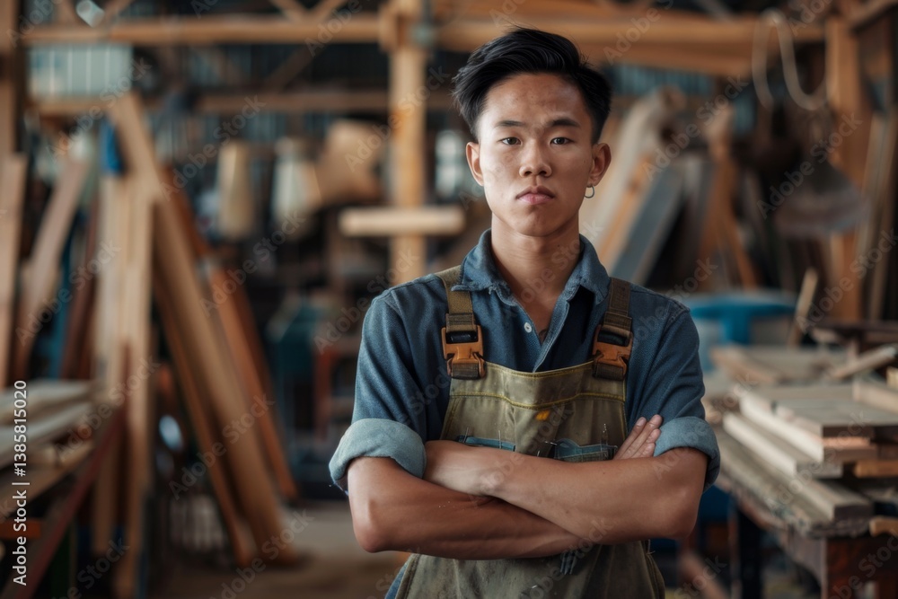Obraz premium Portrait of a young asian male carpenter in shop