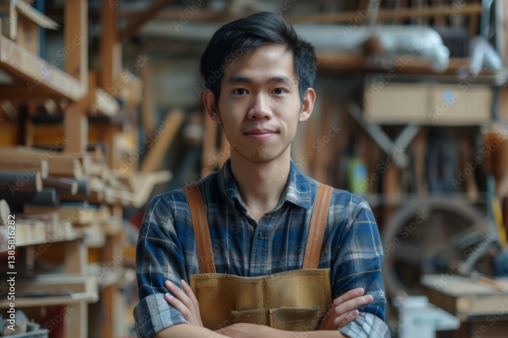 Obraz premium Portrait of a young asian male carpenter in shop