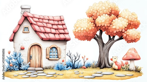 Charming Watercolor Cottage Illustration with Autumnal Tree and