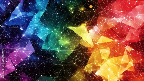 A vibrant abstract image featuring colorful geometric shapes and star-like elements against a dark background.