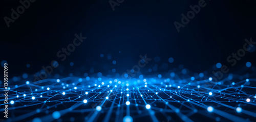 Abstract minimalist cyber protection lines in network style with glowing points in dark blue background, 