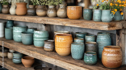 Shelf full of various colored ceramic pots and vases. The pots and vases are arranged in a way that creates a sense of depth and interest. The colors and shapes of the pots