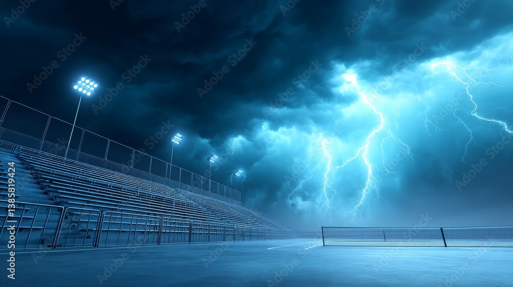 Obraz premium Stormy Night at the Stadium - Bleachers and a tennis court under a dramatic stormy sky with lightning. Dark and moody atmosphere