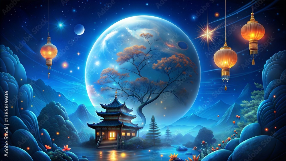Obraz premium moon festival wallpaper with lantern light, earth, architecture, rock and star