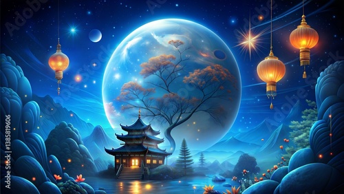 Wallpaper Mural moon festival wallpaper with lantern light, earth, architecture, rock and star Torontodigital.ca