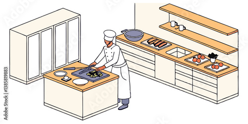 Chef Cooking in Modern Kitchen - Vector Illustration for Culinary Designs