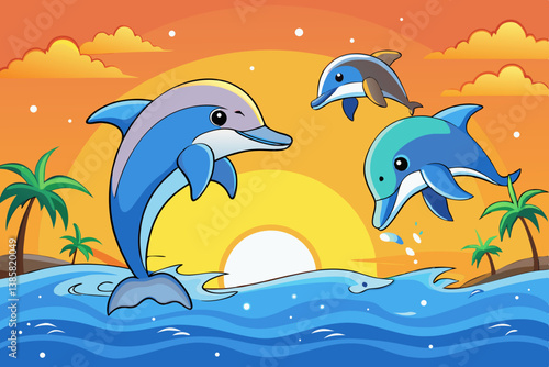 Group of dolphins jumping out of the ocean at sunset, vibrant vector
