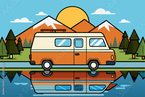 Retro camper van parked near a mountain lake with reflection
