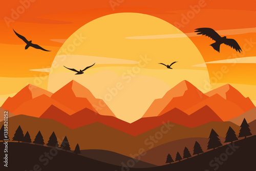 Silhouette of birds flying over mountains at sunrise
