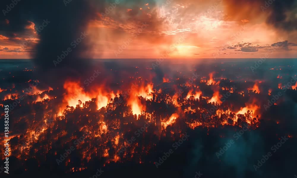 An aerial view showcases a forest aflame, with smoke rising into a vibrant sunset, showing the impact of environmental devastation