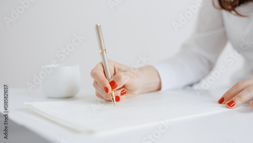 Writing with elegance and focus in a minimalist workspace during the afternoon
