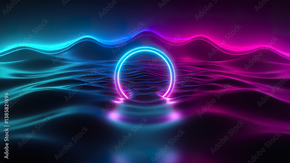 Glowing neon ring emerging over fluid waves in futuristic magenta landscape