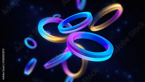 Glowing neon rings floating in deep space with vibrant blue and purple gradients