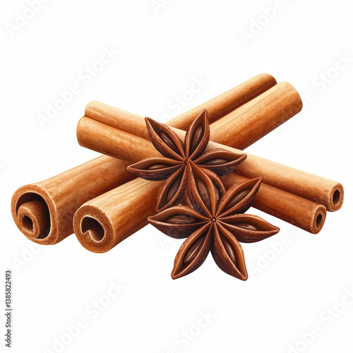 Fototapeta Naklejka Na Ścianę i Meble -  Cinnamon sticks and star anise pod with detailed texture, aromatic spice illustration isolated on transparent background