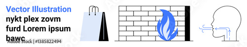 Shopping bags, a brick wall with a flame symbol, and airflow around a face. Ideal for safety training, construction, fire safety, protective equipment, retail concepts, airflow mechanisms simple