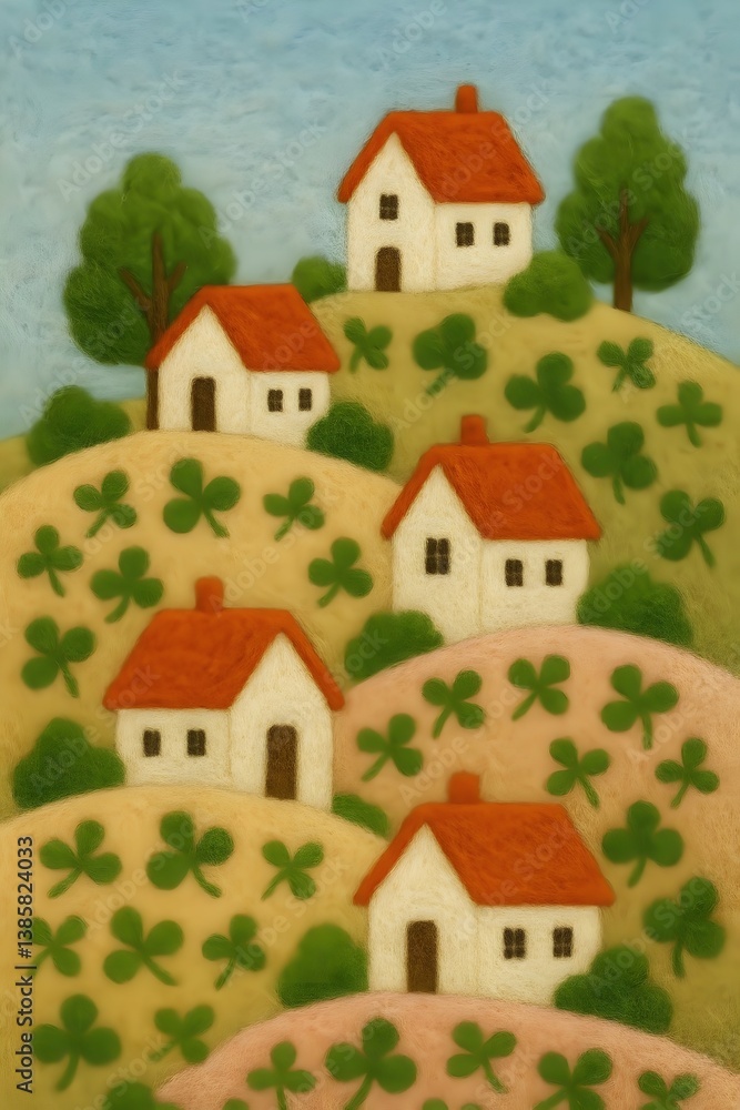 Charming illustration of small white houses with red roofs on clover-covered hills, evoking a peaceful countryside village scene. Charming illustration of small white houses with red roofs on clover-covered hills, evoking a peaceful countryside village scene.