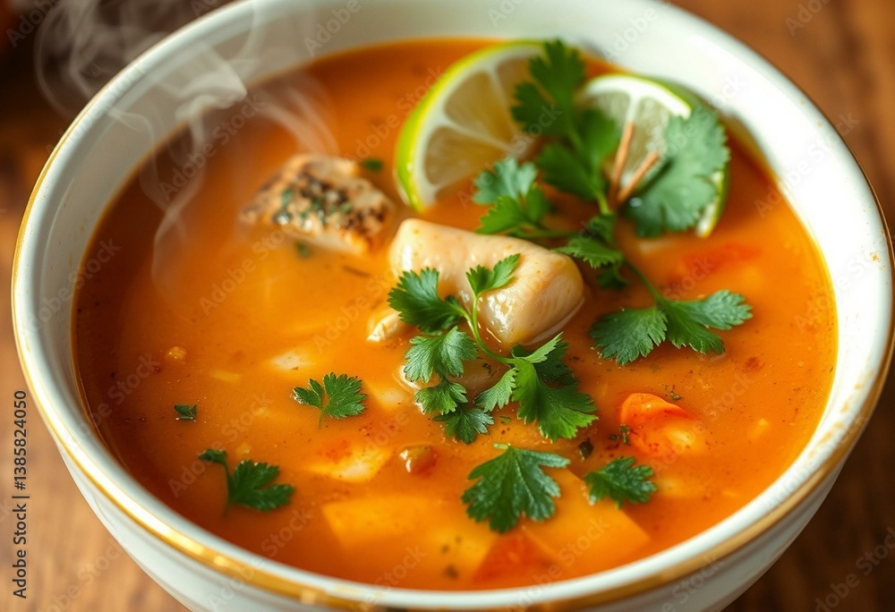 A steaming hot Tom Yum Soup in a creamy white bowl with a golden rim, garnished with cilantro and lime. A steaming hot Tom Yum Soup in a creamy white bowl with a golden rim, garnished with cilantro and lime.