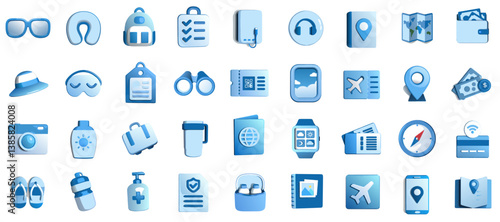 3d style Travel icons 36 pcs set in blue colors for navigation, adventure, and exploration concept 