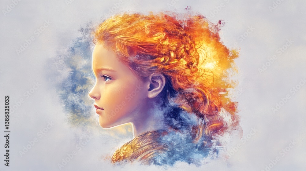 Fototapeta premium Chromolithographic Portrait of Cosmic Sun Warrior Queen with Iridescent Waves and Celestial Armor in Sepiatone Oil Painting Aesthetic