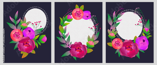 Elegant Floral Frame with Peonies. Set of Greeting Card Templates