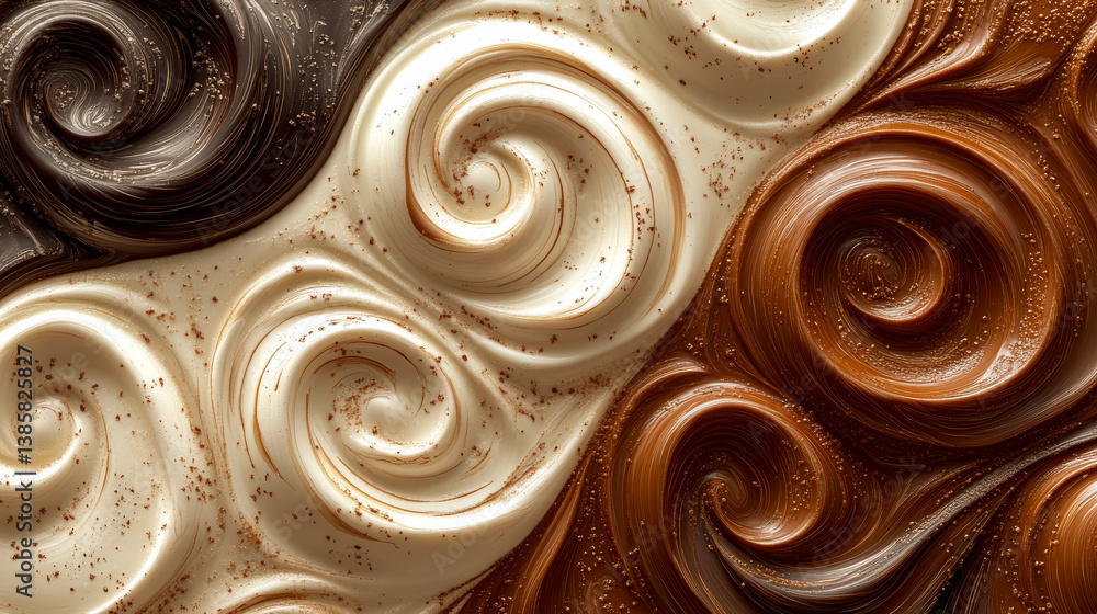 Mixed thick chocolate with Milk flowing with swirls. Background with cocoa and milky waves. Melted liquid chocolate texture for Background Mixed thick chocolate with Milk flowing with swirls. Background with cocoa and milky waves. Melted liquid chocolate texture for Background