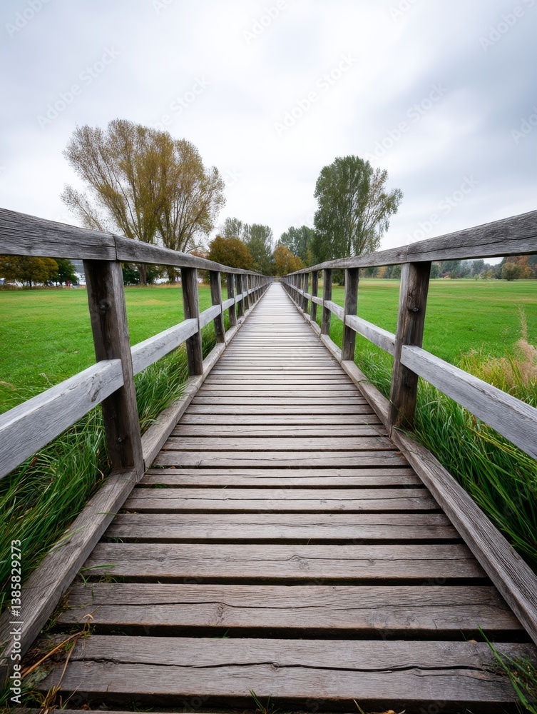 Wooden Bridge Path to Green Field - A long wooden bridge stretches towards a verdant field under a cloudy sky. Tranquil nature scene Wooden Bridge Path to Green Field - A long wooden bridge stretches towards a verdant field under a cloudy sky. Tranquil nature scene