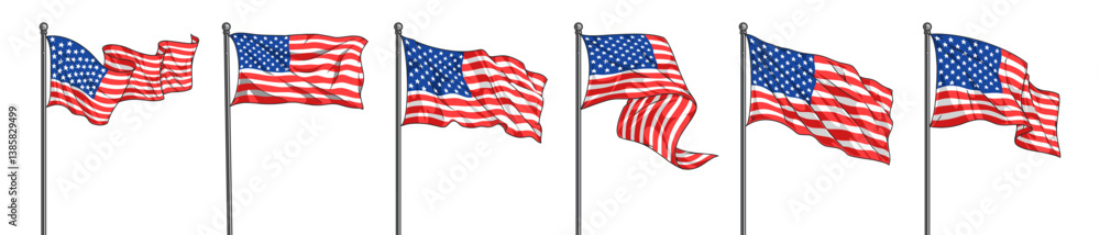 Fototapeta premium Multiple American flags waving in the wind
