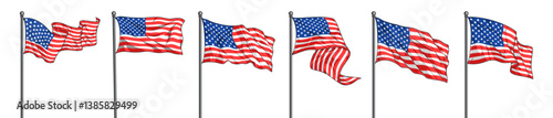 Multiple American flags waving in the wind