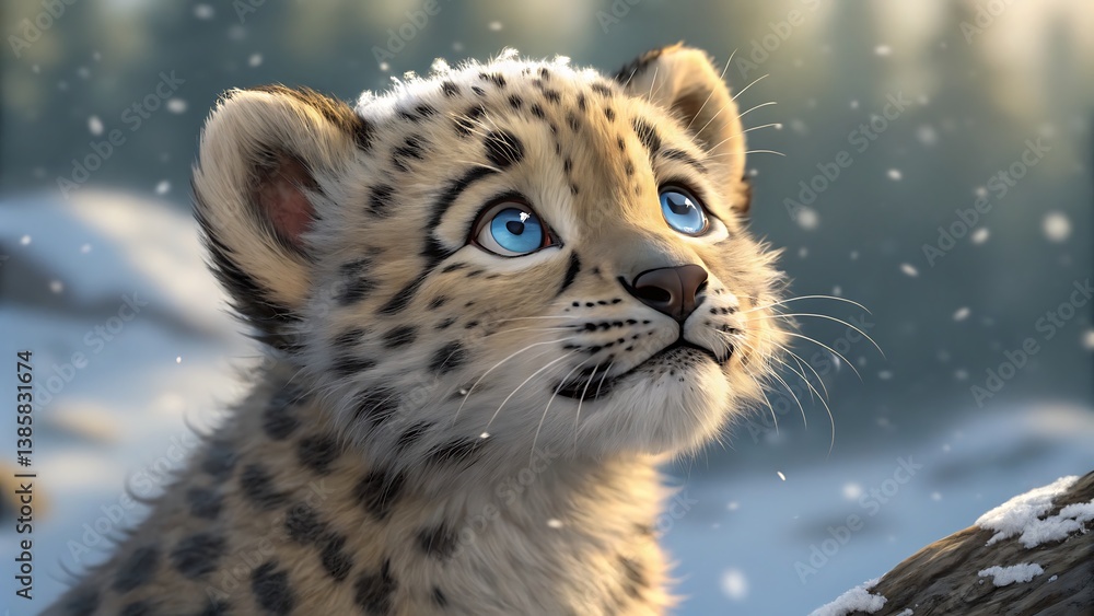 Fototapeta premium Adorable snow leopard cub with blue eyes looking up in a snowy winter landscape