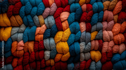 Colorfull yarns for background top view. Materials for coarse knitting close up. Nostalgic soft color palettes flat lay
