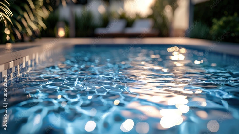 Serene Poolside Sunset: Tranquil Water Reflections at Dusk Serene Poolside Sunset: Tranquil Water Reflections at Dusk
