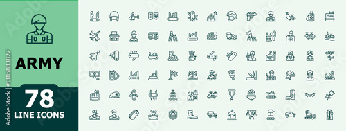 Army icon pack. Contain linear symbols warrior, soldier, navy, military, force, defense and more. Thin web icons. War icon set. Minimalist editable stroke collections.