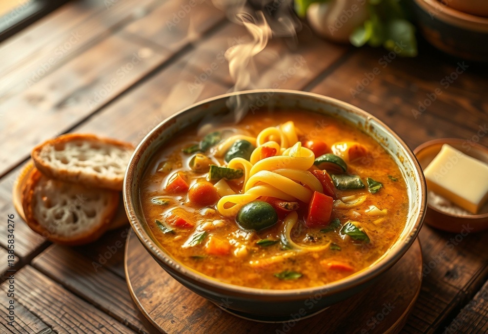 Italian Laksa Soup with pasta, vegetables, and crusty bread Italian Laksa Soup with pasta, vegetables, and crusty bread