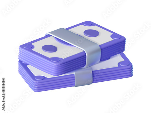 Purple stacks of money with metallic bands. Great for financial presentations, banking apps, business visuals, and marketing materials. Transparent background for easy integration