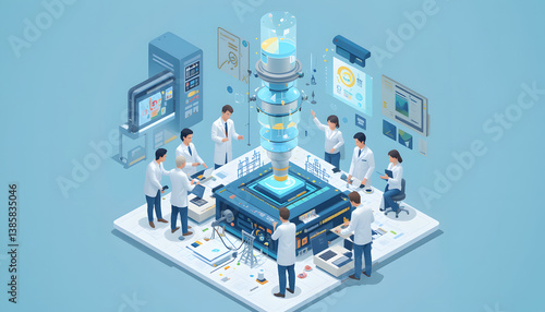 Isometric Illustration: Scientists Collaborating on AI Bio-Tech Innovation
