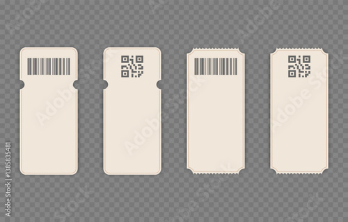 Vector set of blank tickets with barcode png. Cinema or theater ticket on isolated transparent background. Blank lottery ticket png.