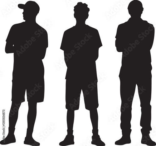 Three young men standing in silhouette, casual attire.