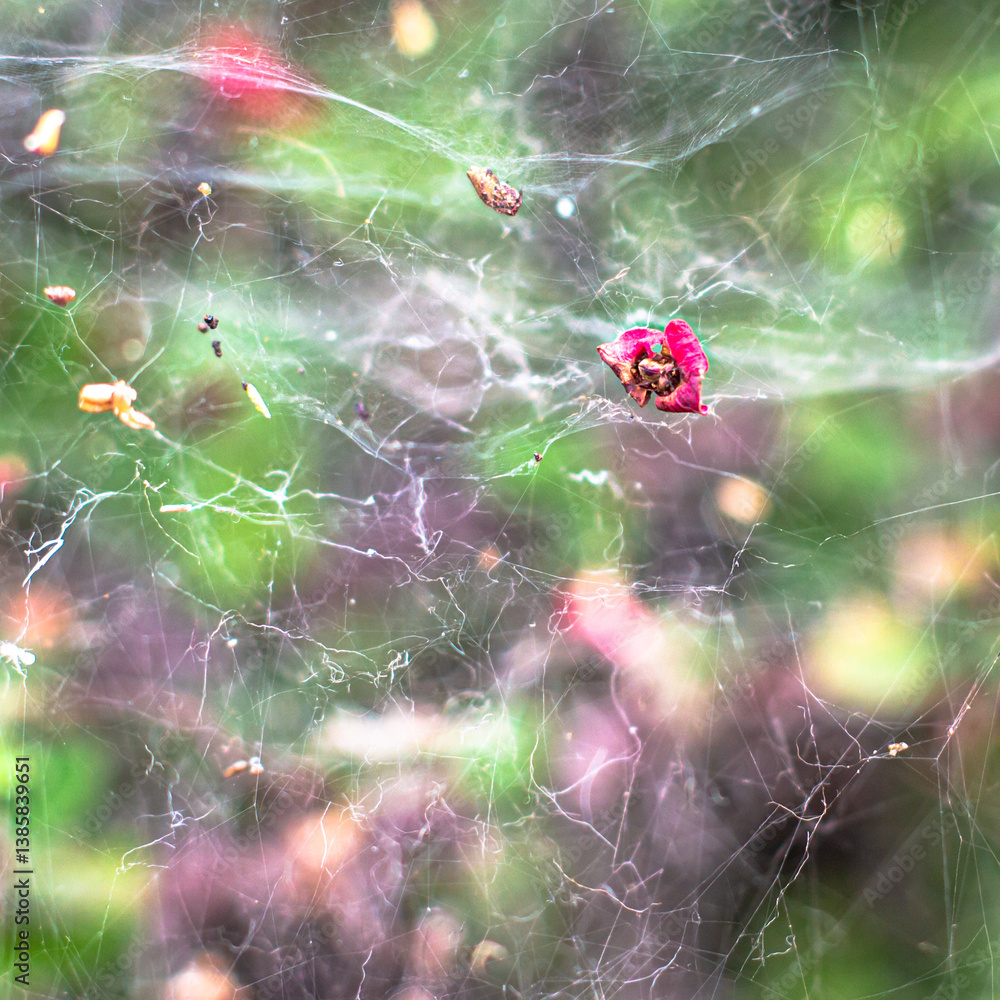 Intricate spider web with a trapped red petal in Jardín Botánico de Medellín. Colombia, Antioquia, showcasing the delicate beauty of nature's craftsmanship.