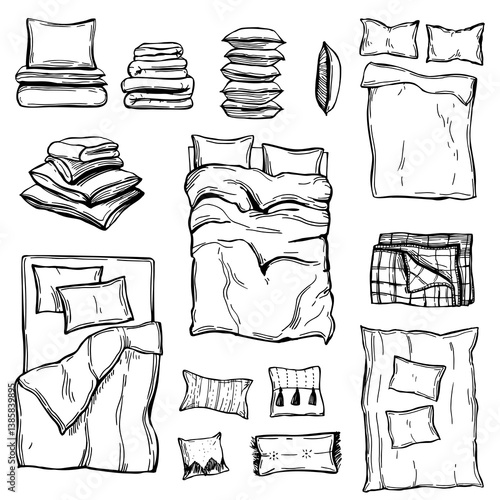 Home textiles.  Hand-drawn  bed linen set with pillows, bed sheet and duvet cover.  Vector sketch illustration. 
