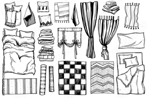 Hand-drawn home textiles. Curtains, carpets, bed linen, towels.  Vector sketch illustration. 