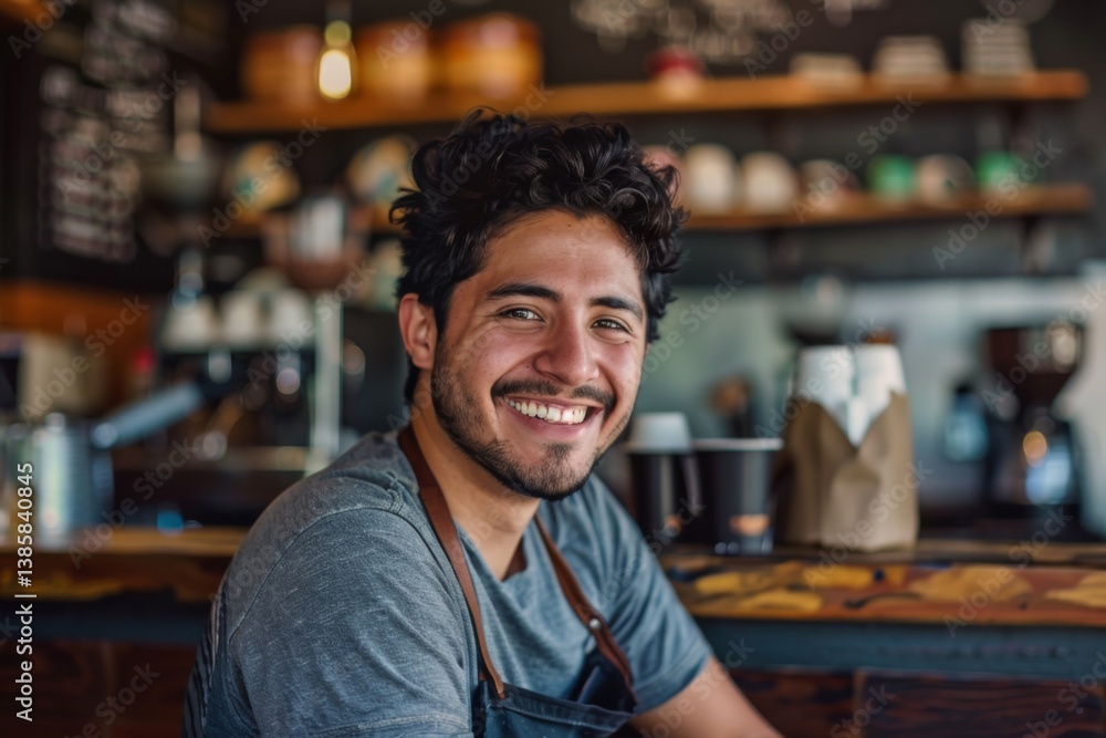 Fototapeta premium Portrait of a smiling young hispanic man in a coffee shop