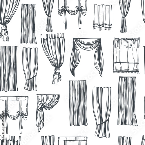 Hand-drawn curtains for windows on white background.  Vector seamless pattern.  
