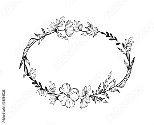Hand-drawn floral oval wreath frame made of delicate flowers and curved leaves, black line art on white background. Concept of elegance and nature. Vector illustration