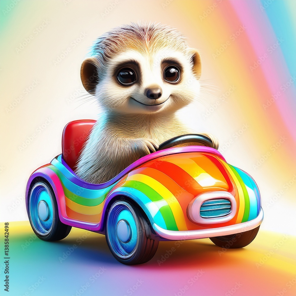 Niedliches Erdmännchen im regenbogen Auto Niedliches Erdmännchen im regenbogen Auto