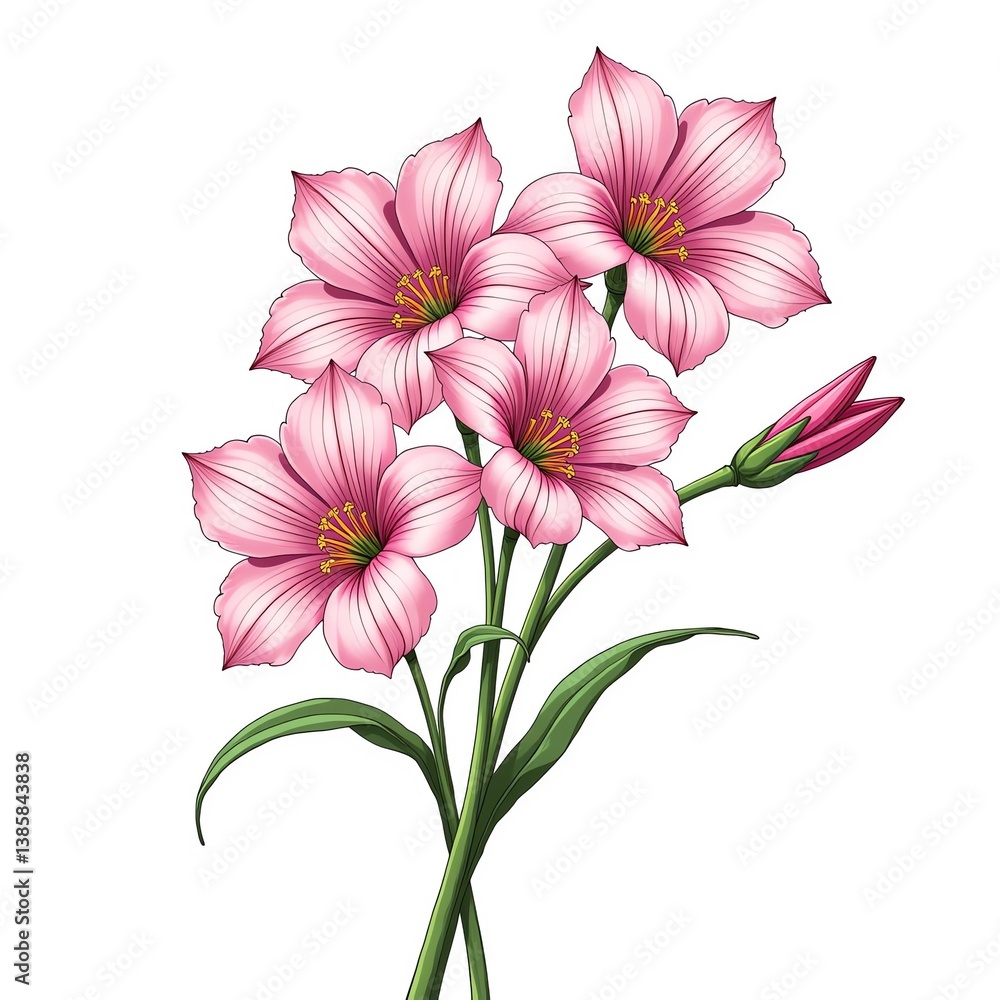 Obraz premium 開花したフリージアは、細い茎を持つ白い背景に、輝く花びらをミニマルなブーケに飾っています