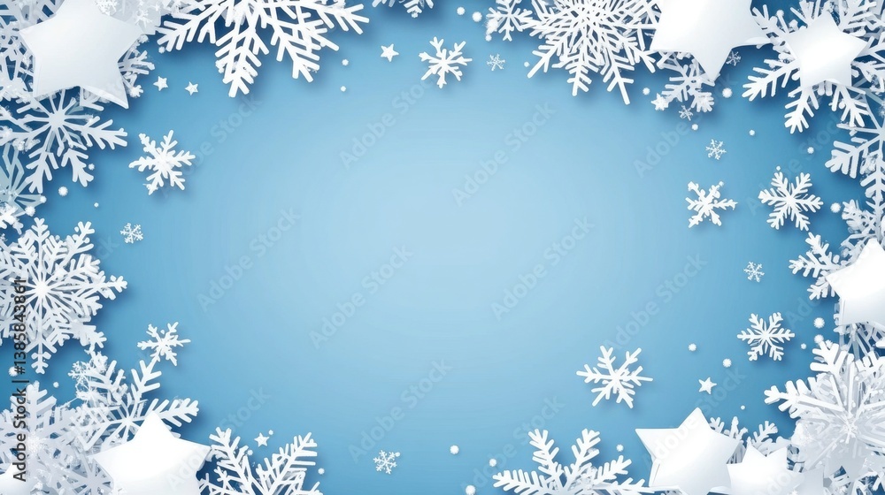 Elegant Blue Winter Background with White Snowflakes and Stars Border Elegant Blue Winter Background with White Snowflakes and Stars Border